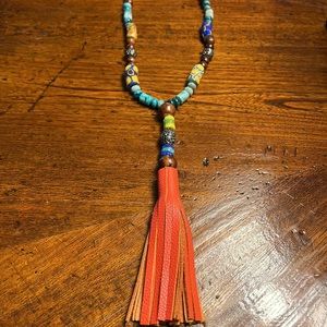 Hipchik Multicolor Beaded Necklace w/Bright Orange Leather Tassle
